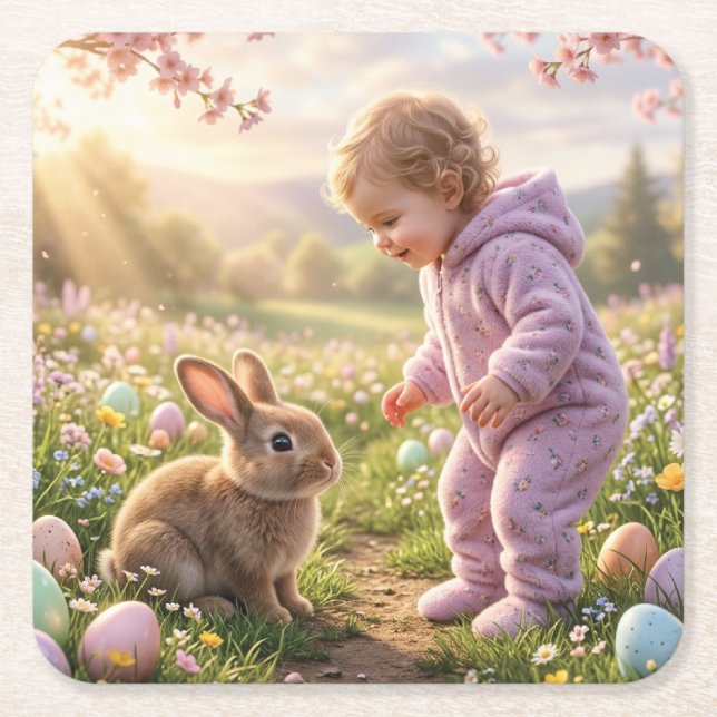 Cute Easter Bunny and Child Square Paper Coaster (Front)