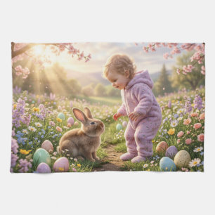 Cute Easter Bunny and Child Tea Towel