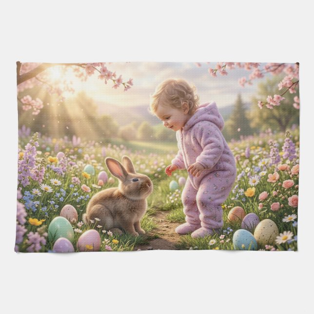 Cute Easter Bunny and Child Tea Towel (Horizontal)