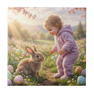 Cute Easter Bunny and Child Tile