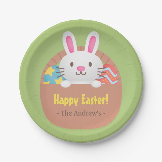 Cute Easter Bunny and Eggs Basket Party Supplies Paper Plate (Front)