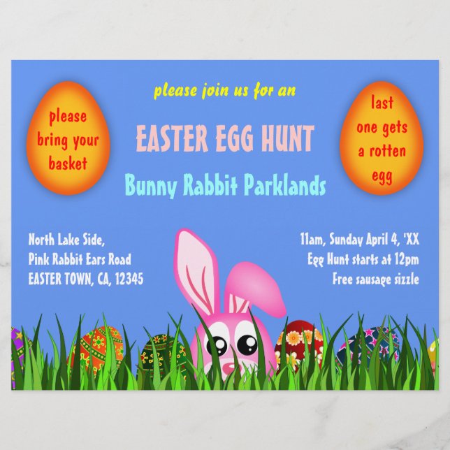 Cute Easter Bunny and Eggs in Grass Egg Hunt Flyer (Front)