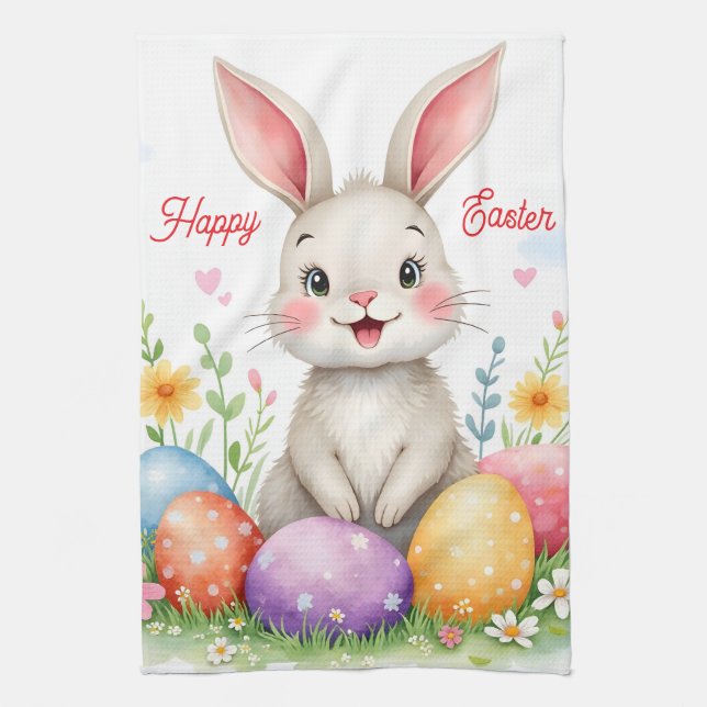 Cute Easter Bunny And Eggs Modern Collection Tea Towel (Vertical)