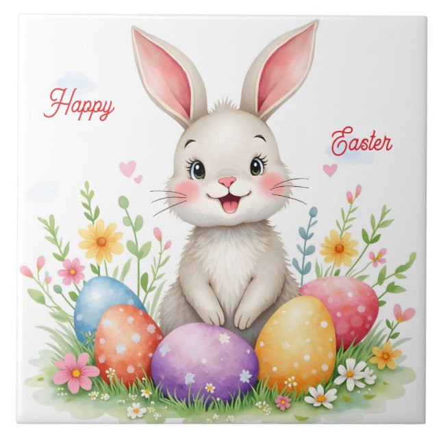 Cute Easter Bunny And Eggs Modern Collection Tile (Front)