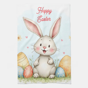 Cute Easter Bunny And Eggs Trendy Collection Tea Towel
