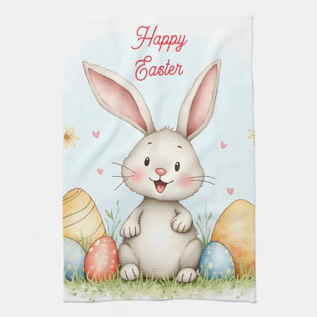 Cute Easter Bunny And Eggs Trendy Collection Tea Towel (Vertical)