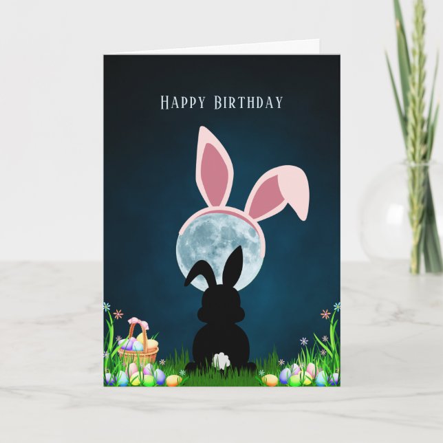 Cute Easter Bunny and Full Moon Happy Birthday Card (Front)