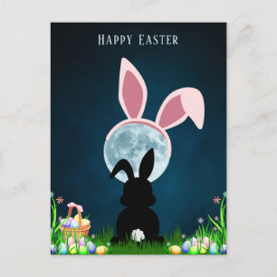 Cute Easter Bunny and Full Moon Happy Easter Postcard