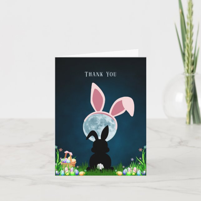 Cute Easter Bunny and Full Moon with Rabbit Ears Thank You Card (Front)