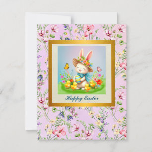 Cute Easter Bunny and Happy Spring Flowers Holiday Card