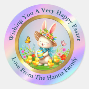 Cute Easter Bunny and Happy Spring Flowers Holiday Classic Round Sticker
