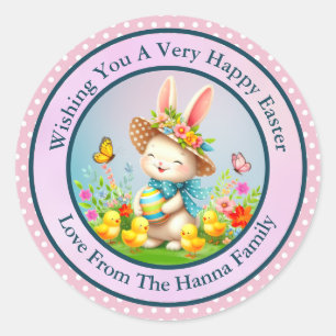 Cute Easter Bunny and Happy Spring Flowers Holiday Classic Round Sticker