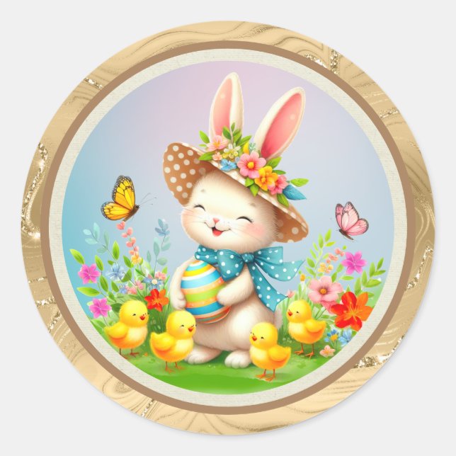 Cute Easter Bunny and Happy Spring Flowers Holiday Classic Round Sticker (Front)