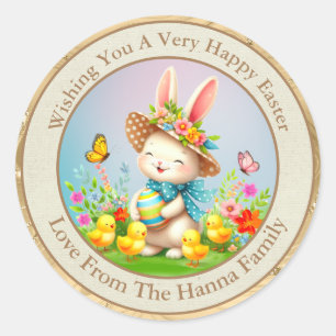 Cute Easter Bunny and Happy Spring Flowers Holiday Classic Round Sticker