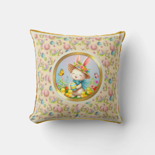 Cute Easter Bunny and Happy Spring Flowers Holiday Cushion