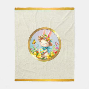 Cute Easter Bunny and Happy Spring Flowers Holiday Fleece Blanket