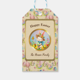 Cute Easter Bunny and Happy Spring Flowers Holiday Gift Tags