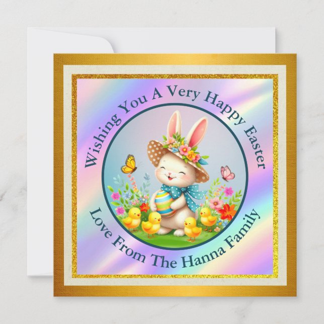 Cute Easter Bunny and Happy Spring Flowers Holiday Invitation (Front)