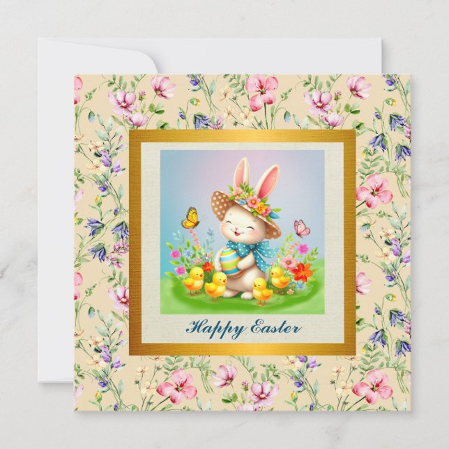 Cute Easter Bunny and Happy Spring Flowers Holiday Invitation (Front)