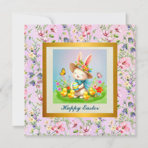 Cute Easter Bunny and Happy Spring Flowers Holiday Invitation