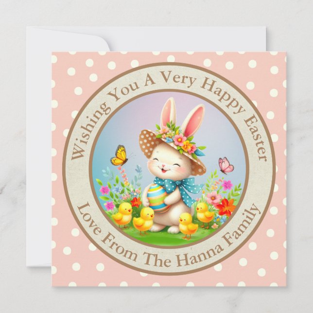 Cute Easter Bunny and Happy Spring Flowers Holiday Invitation (Front)