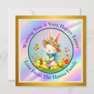 Cute Easter Bunny and Happy Spring Flowers Holiday Invitation