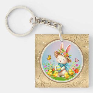 Cute Easter Bunny and Happy Spring Flowers Holiday Key Ring