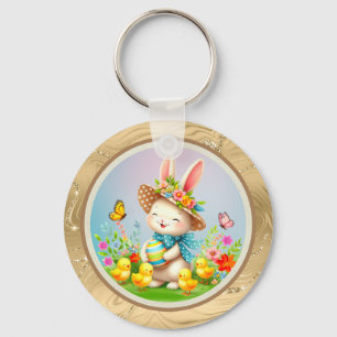 Cute Easter Bunny and Happy Spring Flowers Holiday Key Ring