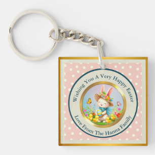 Cute Easter Bunny and Happy Spring Flowers Holiday Key Ring