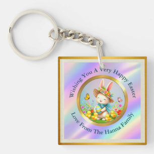 Cute Easter Bunny and Happy Spring Flowers Holiday Key Ring