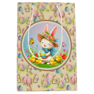 Cute Easter Bunny and Happy Spring Flowers Holiday Medium Gift Bag