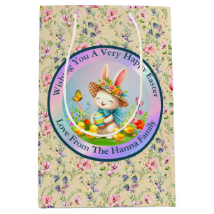 Cute Easter Bunny and Happy Spring Flowers Holiday Medium Gift Bag