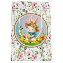 Cute Easter Bunny and Happy Spring Flowers Holiday