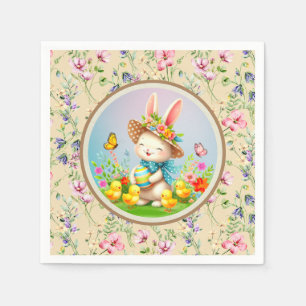 Cute Easter Bunny and Happy Spring Flowers Holiday Napkin