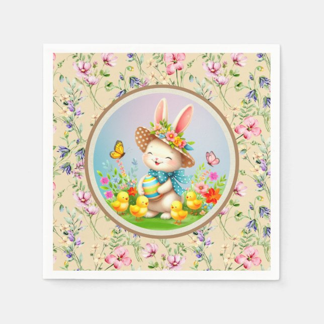 Cute Easter Bunny and Happy Spring Flowers Holiday Napkin (Front)