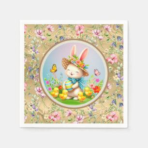 Cute Easter Bunny and Happy Spring Flowers Holiday Napkin