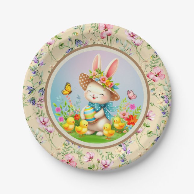 Cute Easter Bunny and Happy Spring Flowers Holiday Paper Plate (Front)