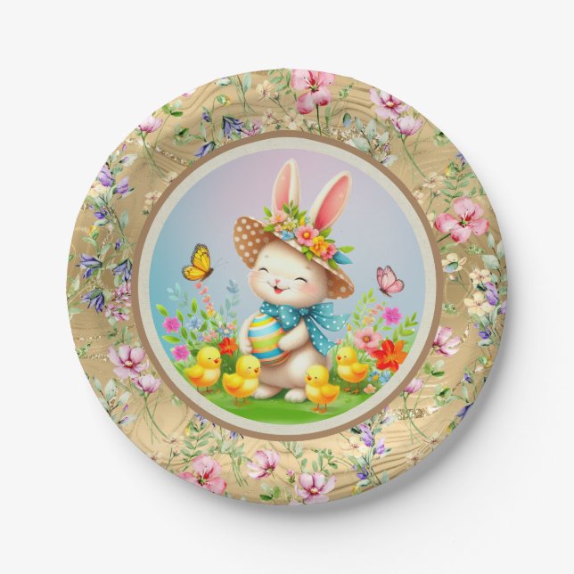 Cute Easter Bunny and Happy Spring Flowers Holiday Paper Plate (Front)