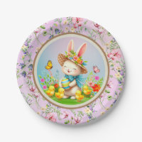 Cute Easter Bunny and Happy Spring Flowers Holiday