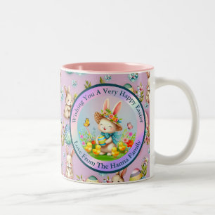 Cute Easter Bunny and Happy Spring Flowers Holiday Two-Tone Coffee Mug