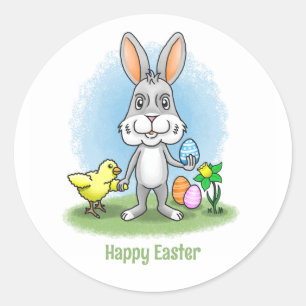 Cute Easter bunny and the yellow chicken Classic Round Sticker