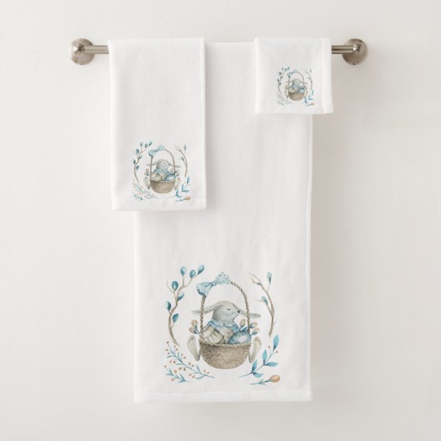 Cute Easter Bunny Basket & Flowers Bath Towel Set (Insitu)