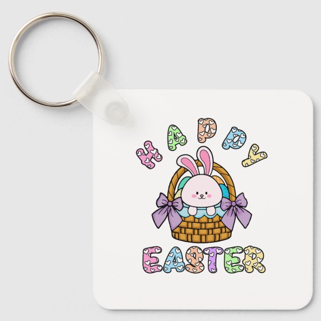 Cute Easter Bunny Basket with Eggs Keychain (Front)