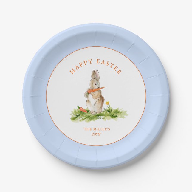 Cute Easter Bunny Blue & White Paper Plate (Front)