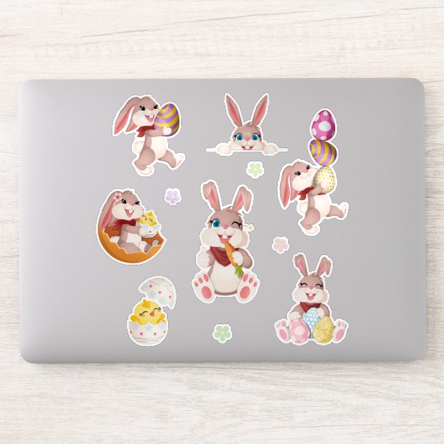 Cute Easter Bunny, Chick, Eggs & Floral Colourful (Computer)