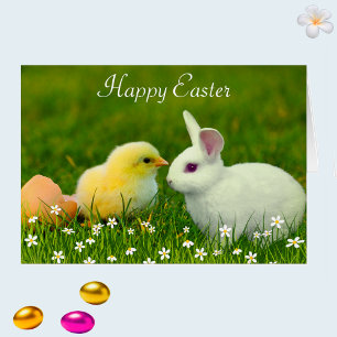 Cute Easter Bunny & Chick with Flowers