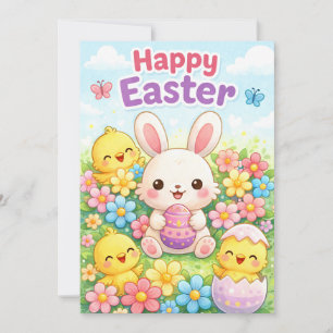 Cute Easter Bunny & Chicks   Happy Easter Holiday Card