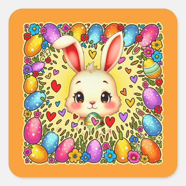 Cute Easter Bunny – Colorful Eggs Art Autocolante Square Sticker (Front)