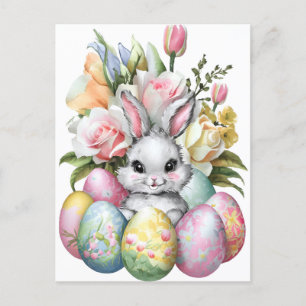 Cute Easter bunny colourful eggs with flowers  Holiday Postcard