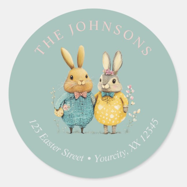 Cute Easter bunny couple return address Classic Round Sticker (Front)
